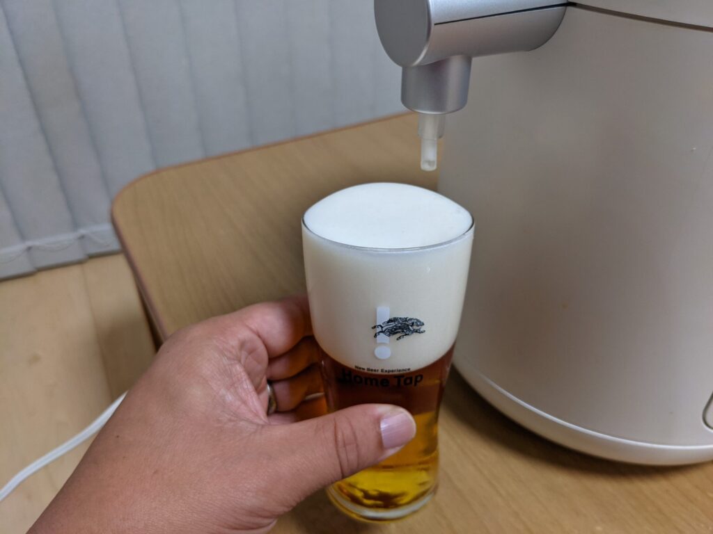 キリンホームタップで一番搾りプレミアムの泡付けを完了したところ