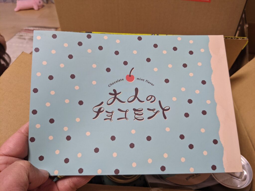 大人のチョコミントビールのストーリーブックを手で持っているところ